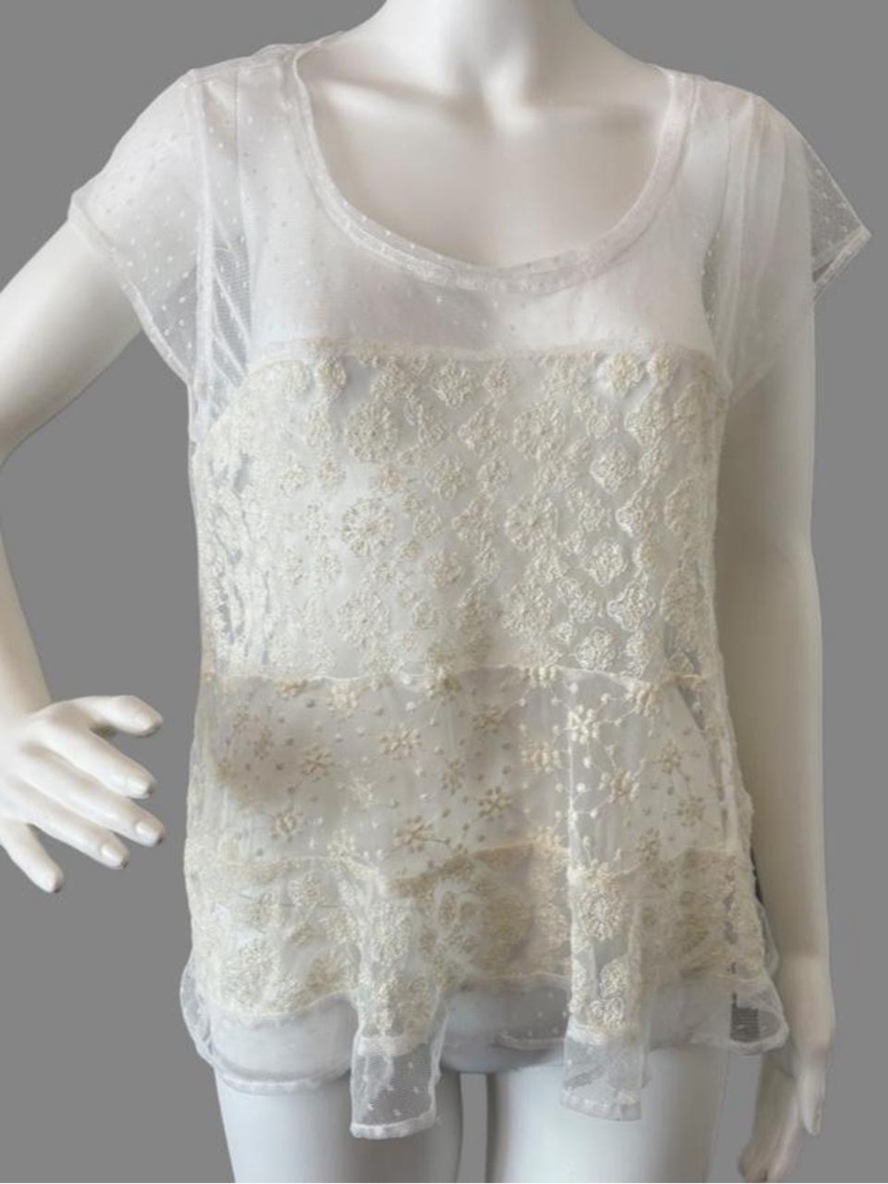 American Eagle Outfitters Ivory Sheer Lace Layered Blouse